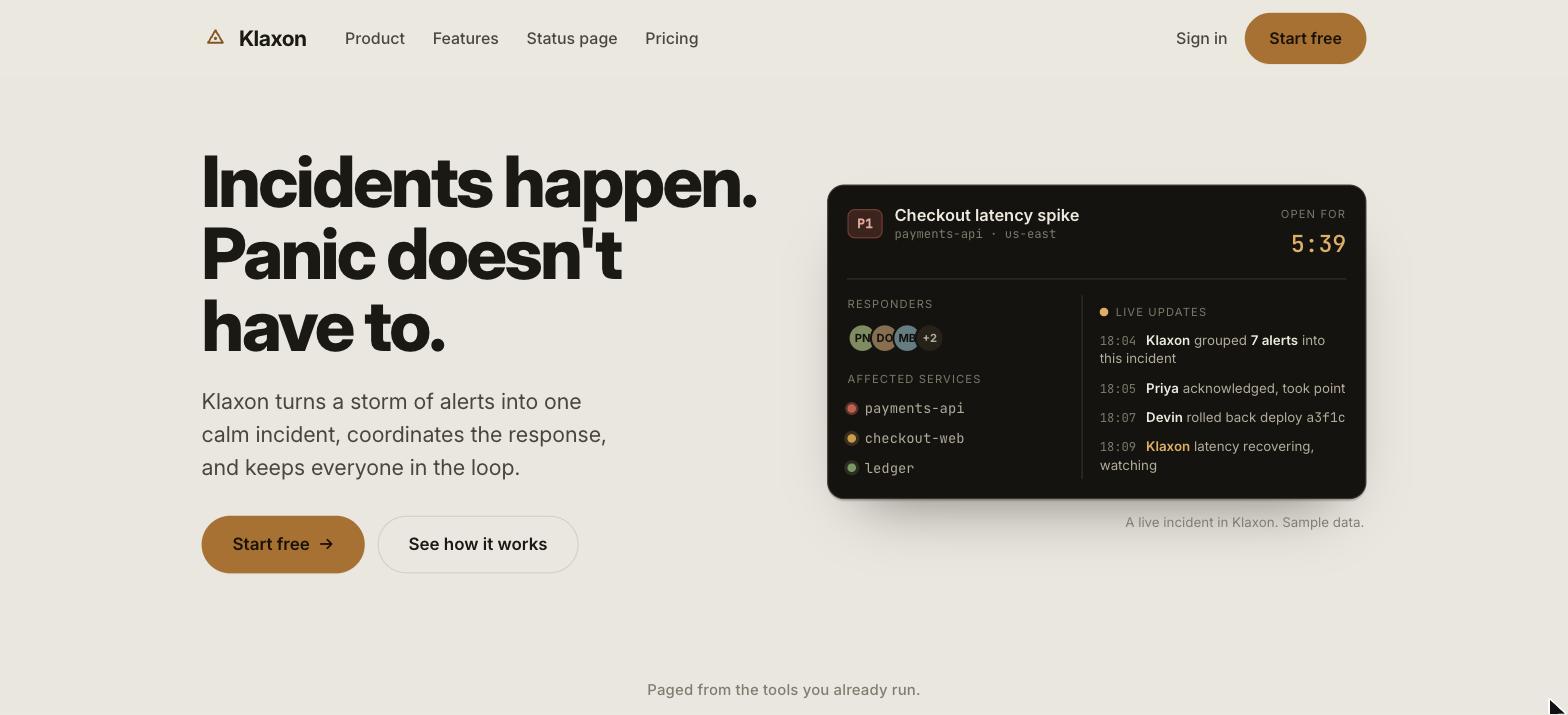 Klaxon incident-response tool concept homepage